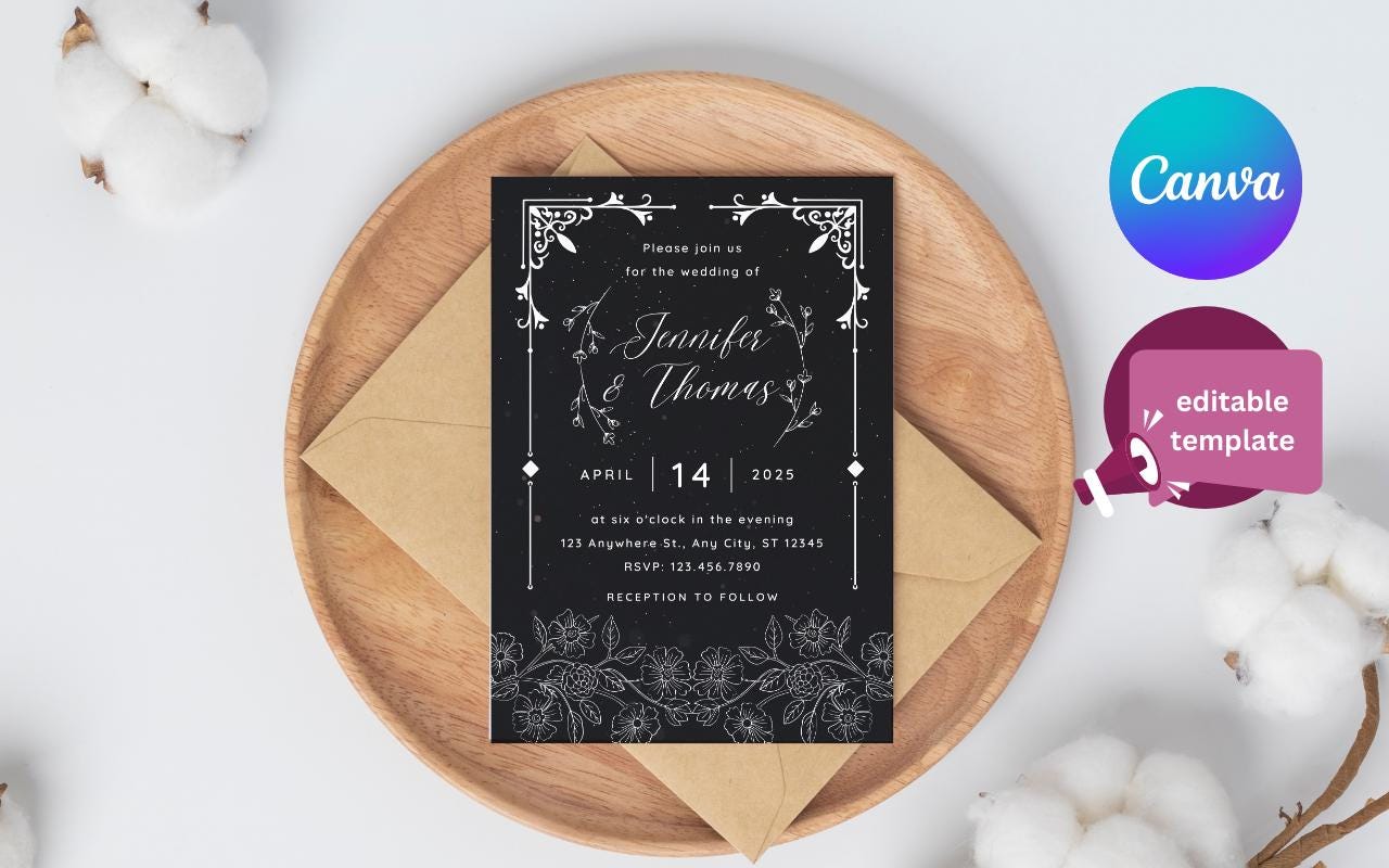 Minimalist Floral Wedding Invitation Template: Black & White Canva Design (Digital Download)