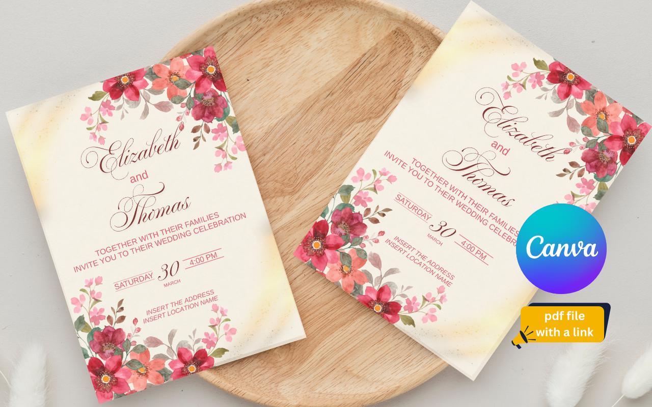 Watercolor Floral Wedding Card Template: Elegant Cream Design (Digital Download)