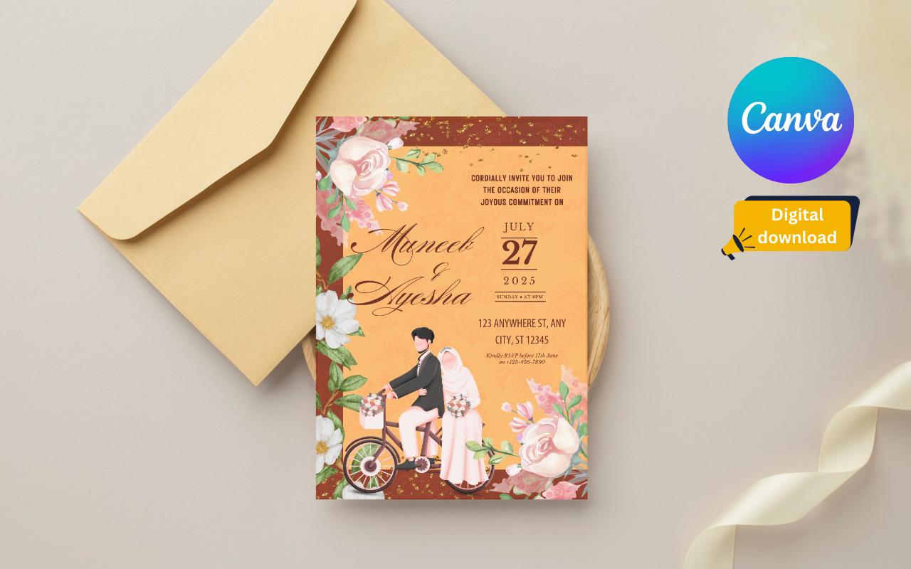 Vintage Floral Indian Wedding Invitation Template: Elegant Canva Design (Digital Download)