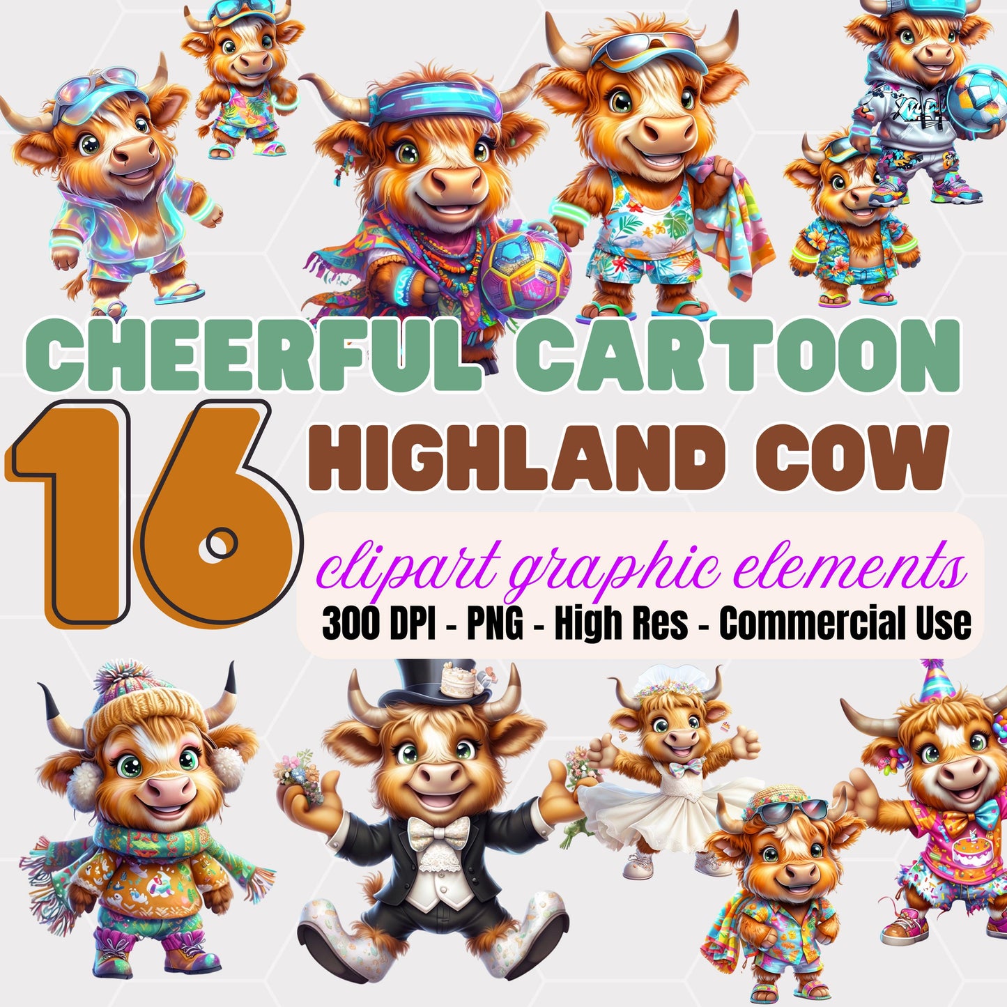 Cartoon Highland Cow Clipart Set: Cheerful Scots Cattle PNG (Digital Download)