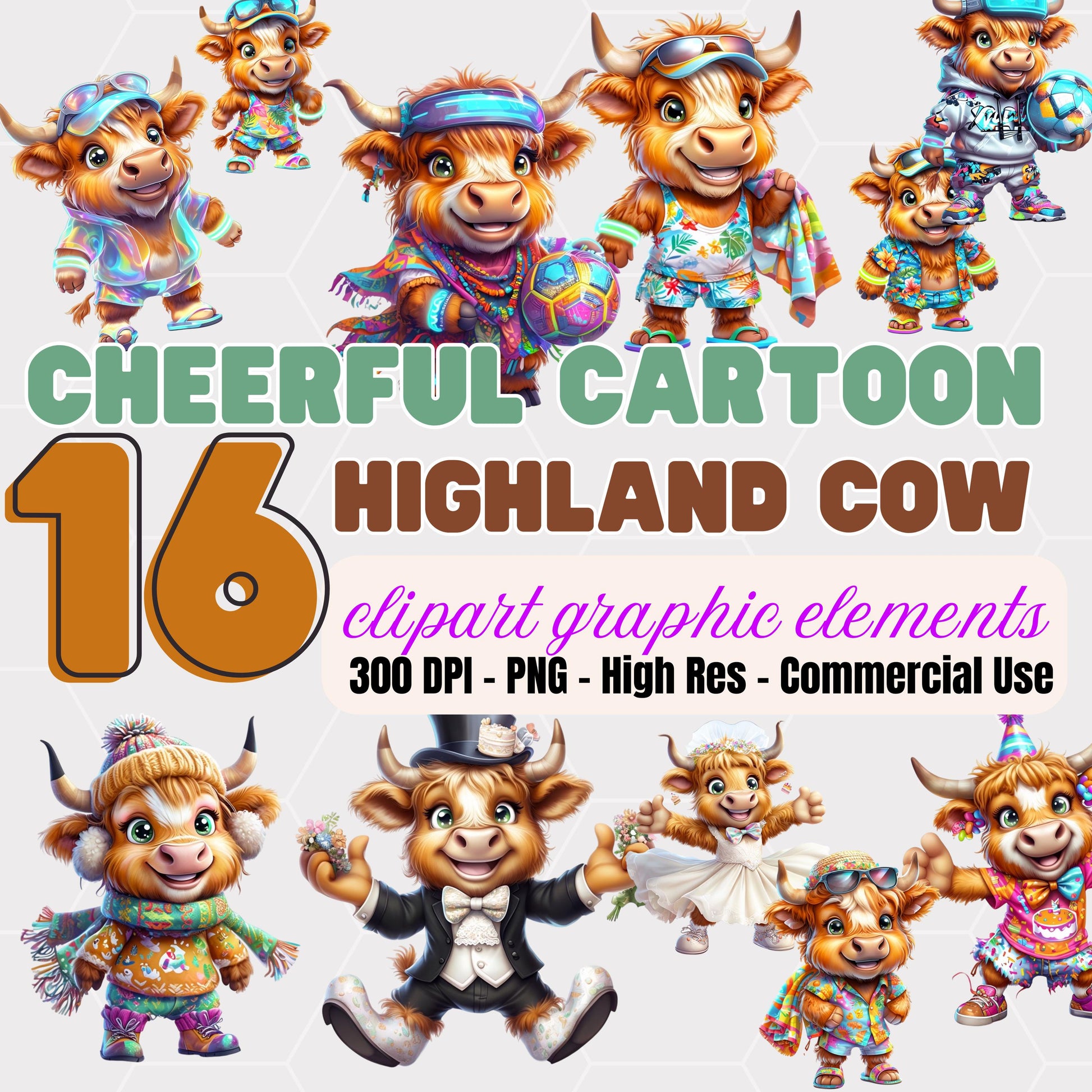 Cartoon Highland Cow Clipart Set: Cheerful Scots Cattle PNG (Digital Download)