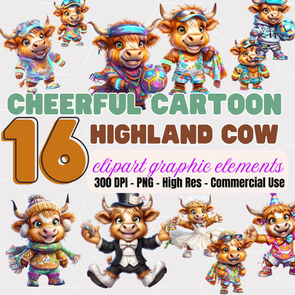 Cartoon Highland Cow Clipart Set: Cheerful Scots Cattle PNG (Digital Download)