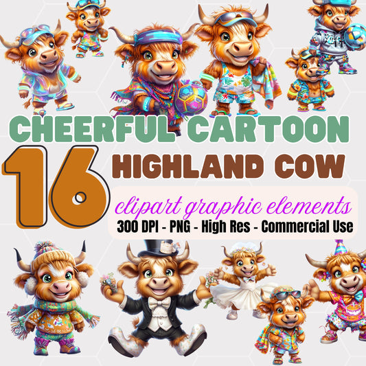 Cartoon Highland Cow Clipart Set: Cheerful Scots Cattle PNG (Digital Download)