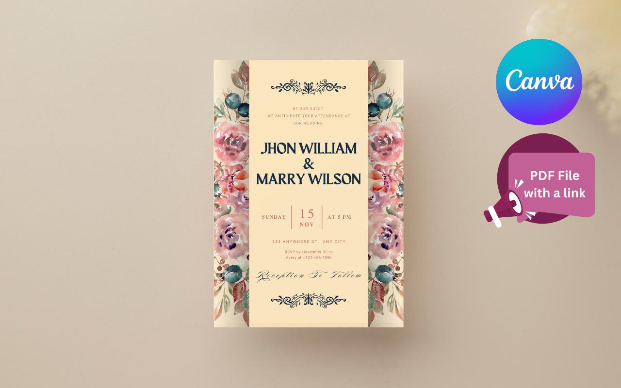 Boho Floral Wedding Invitation Template: Editable Canva Card (PDF)