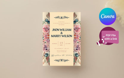 Boho Floral Wedding Invitation Template: Editable Canva Card (PDF)
