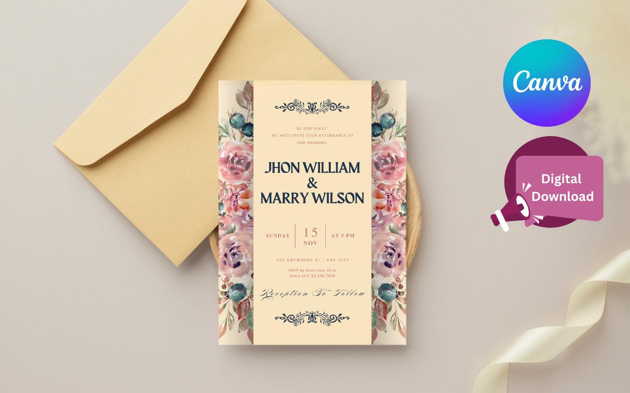 Boho Floral Wedding Invitation Template: Editable Canva Card (PDF)