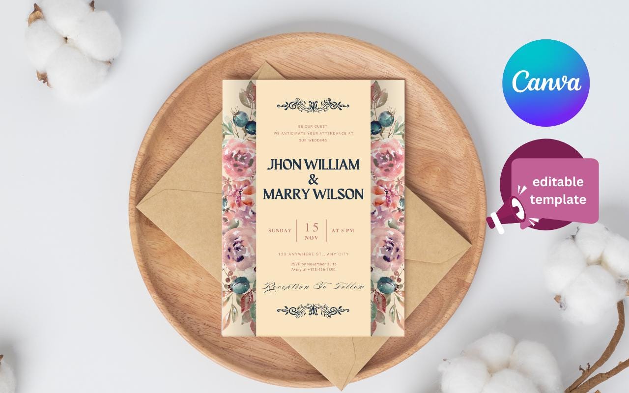 Boho Floral Wedding Invitation Template: Editable Canva Card (PDF)