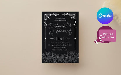 Minimalist Floral Wedding Invitation Template: Black & White Canva Design (Digital Download)