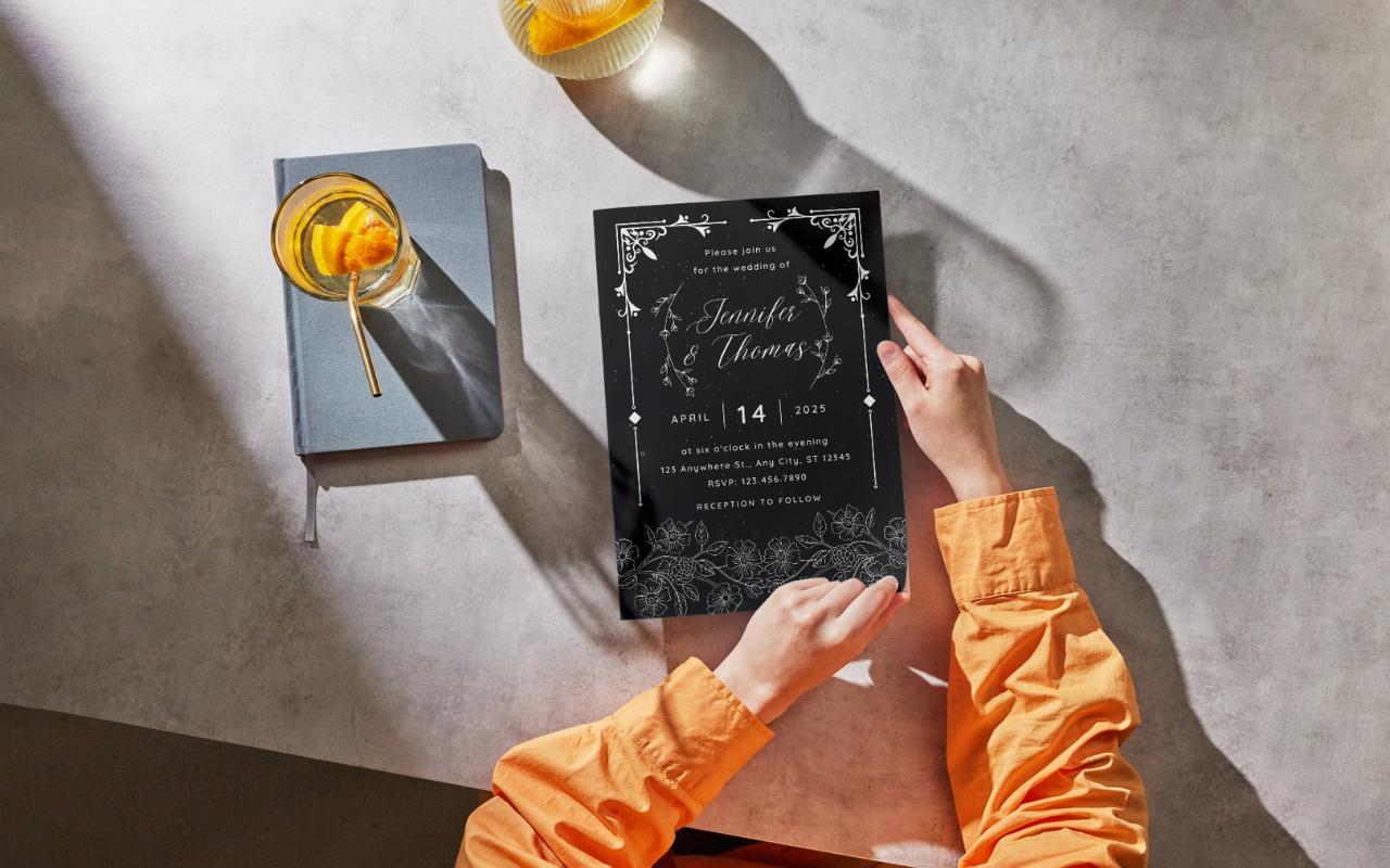 Minimalist Floral Wedding Invitation Template: Black & White Canva Design (Digital Download)