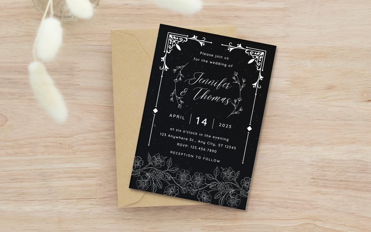 Minimalist Floral Wedding Invitation Template: Black & White Canva Design (Digital Download)
