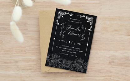Minimalist Floral Wedding Invitation Template: Black & White Canva Design (Digital Download)