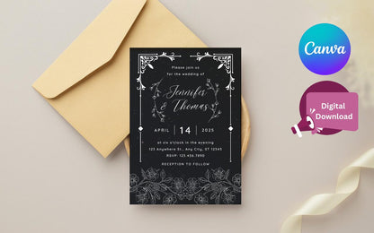 Minimalist Floral Wedding Invitation Template: Black & White Canva Design (Digital Download)