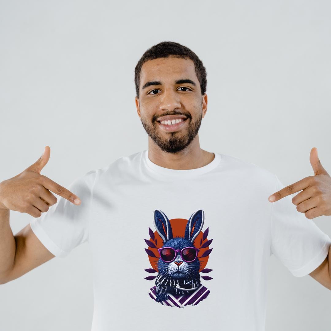 Retro Rabbit T-Shirt Design: Vintage Embroidery PNG (Digital Download)