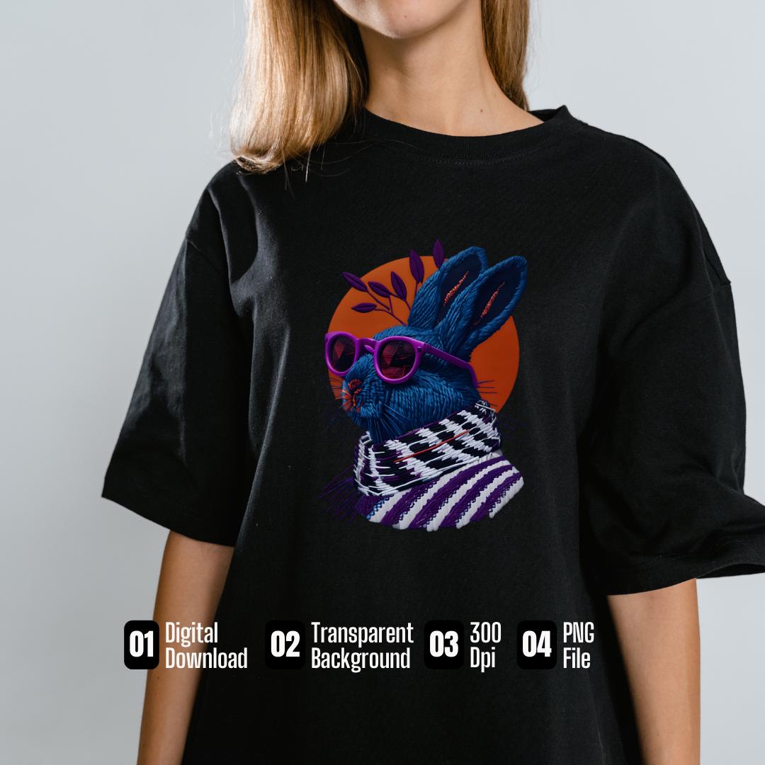 Retro Rabbit Embroidery PNG: Vintage T-Shirt Design (Digital Download)