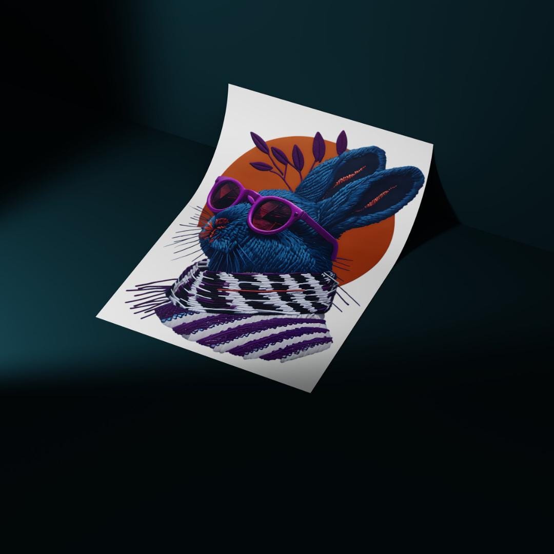 Retro Rabbit Embroidery PNG: Vintage T-Shirt Design (Digital Download)