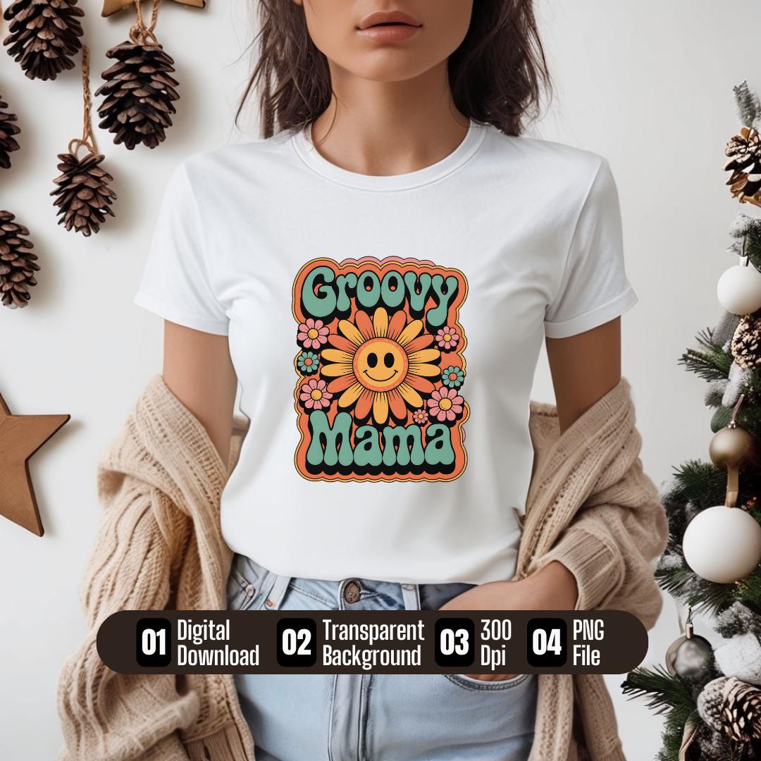 Groovy Mama T-Shirt Design: 70s Retro Flower Power PNG (Digital Download)