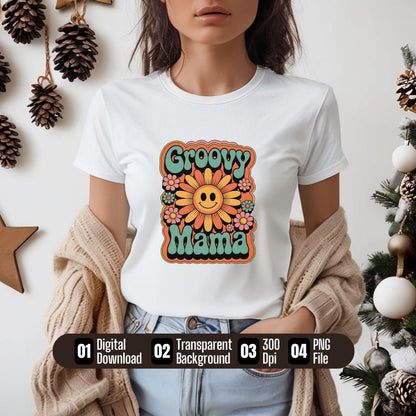 Groovy Mama T-Shirt Design: 70s Retro Flower Power PNG (Digital Download)