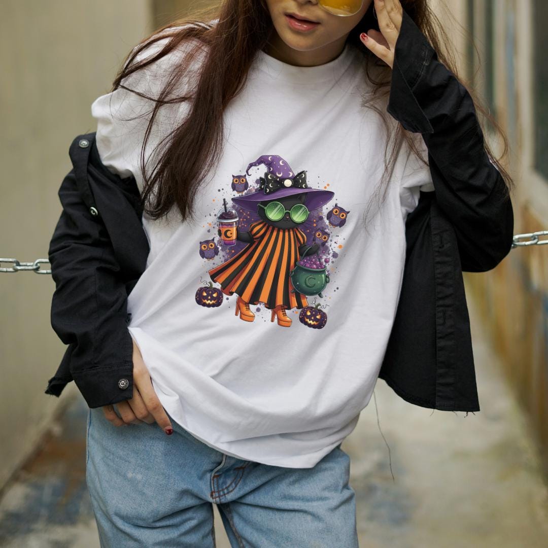 Cute Halloween Witch Sublimation PNG | Spooky Girl with Cauldron & Pumpkins | Digital Download | Halloween Shirt Design | 300 DPI