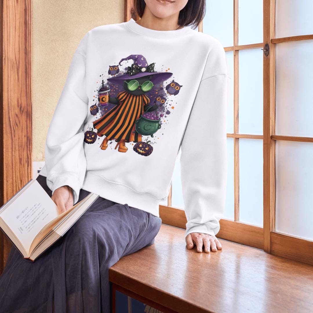 Cute Halloween Witch Sublimation PNG | Spooky Girl with Cauldron & Pumpkins | Digital Download | Halloween Shirt Design | 300 DPI