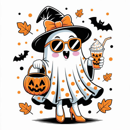 Six Cute Halloween Ghost PNG Bundle – Stylish Witch Ghosts with Pumpkins & Coffee – Spooky Cute Halloween Clipart – High-Res 300 DPI