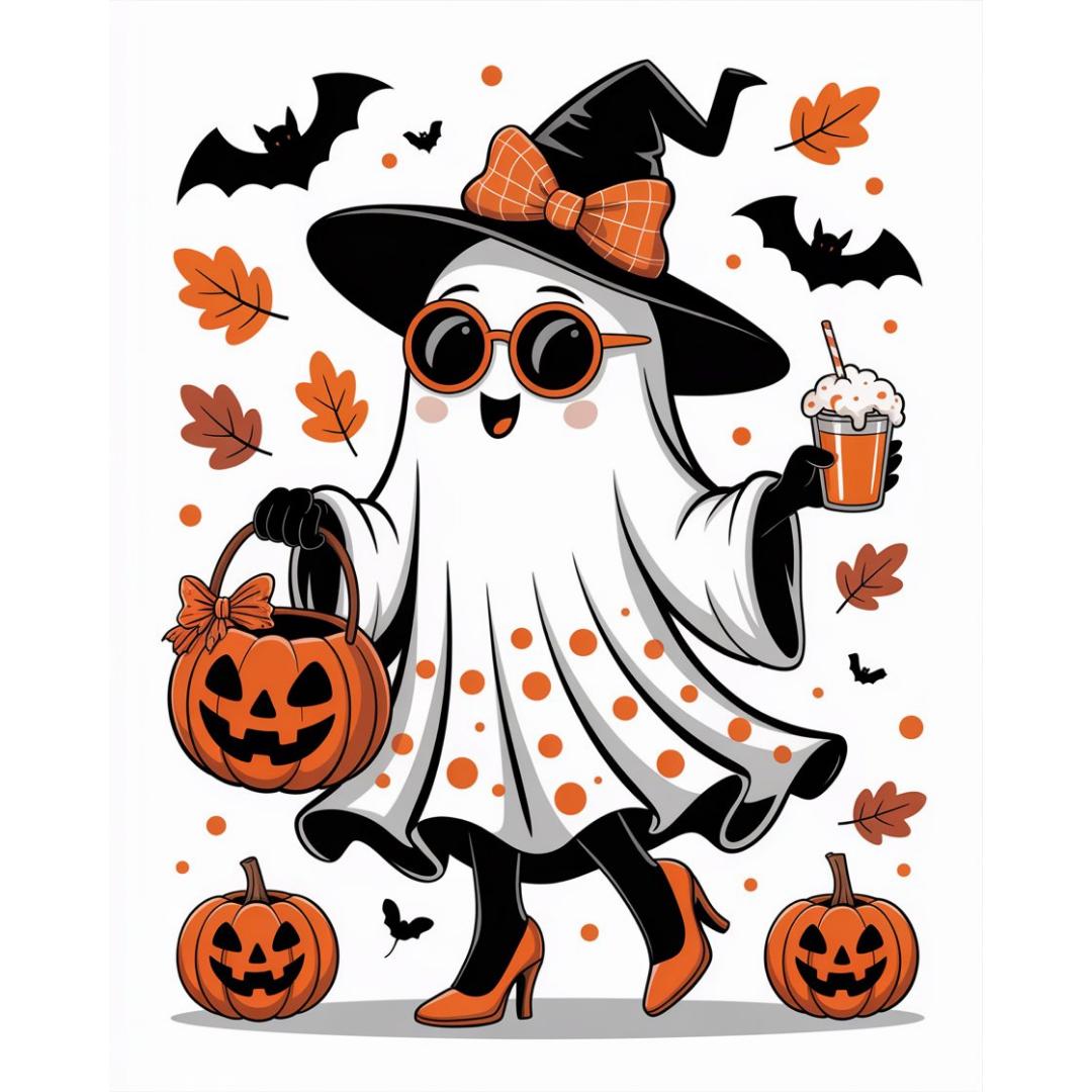 Six Cute Halloween Ghost PNG Bundle – Stylish Witch Ghosts with Pumpkins & Coffee – Spooky Cute Halloween Clipart – High-Res 300 DPI