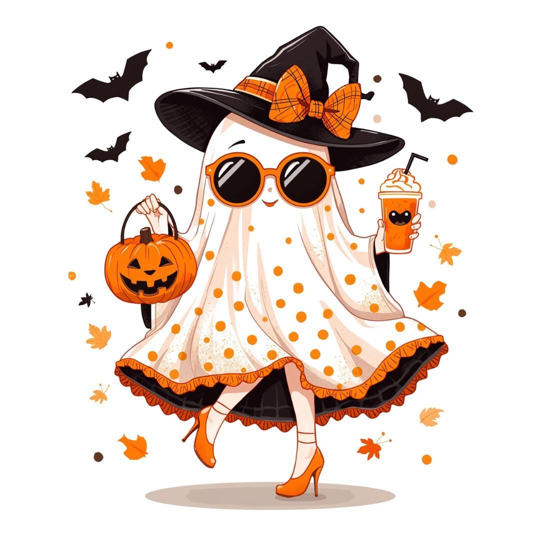Six Cute Halloween Ghost PNG Bundle – Stylish Witch Ghosts with Pumpkins & Coffee – Spooky Cute Halloween Clipart – High-Res 300 DPI