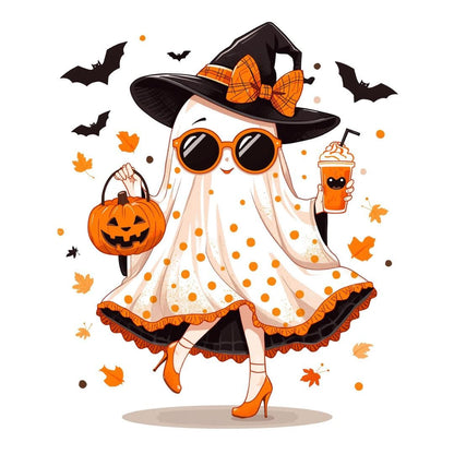 Six Cute Halloween Ghost PNG Bundle – Stylish Witch Ghosts with Pumpkins & Coffee – Spooky Cute Halloween Clipart – High-Res 300 DPI