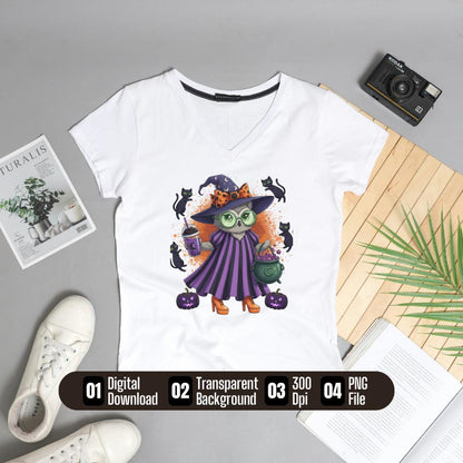 Cute Witch Cat Halloween PNG | Kawaii Witch Cat Clipart | Spooky Fall Cat with Cauldron Digital Download | Halloween Sublimation PNG