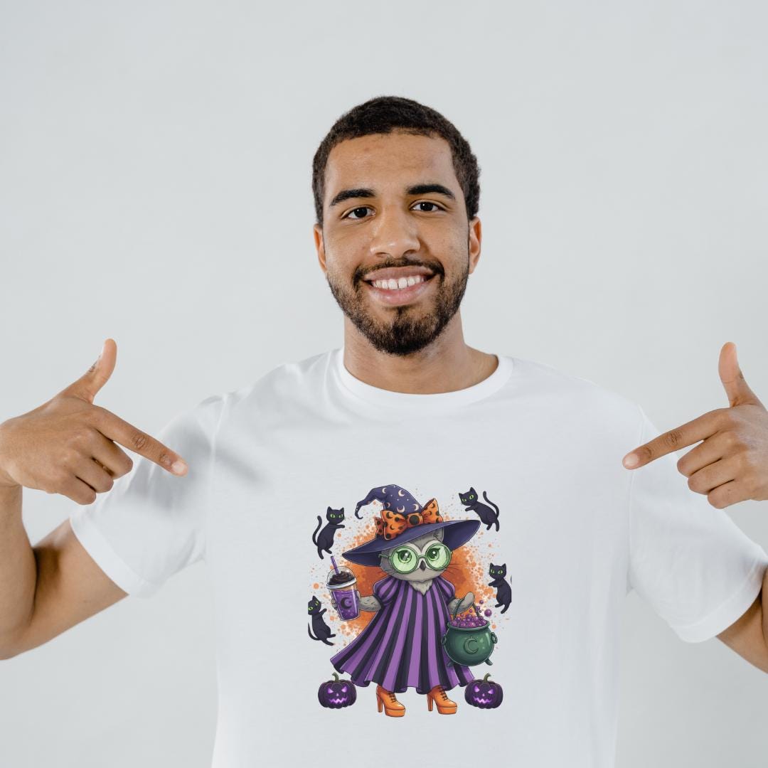 Cute Witch Cat Halloween PNG | Kawaii Witch Cat Clipart | Spooky Fall Cat with Cauldron Digital Download | Halloween Sublimation PNG