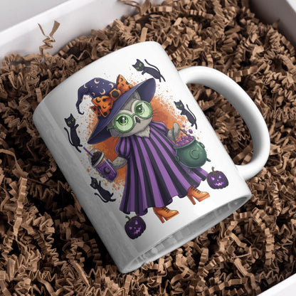 Cute Witch Cat Halloween PNG | Kawaii Witch Cat Clipart | Spooky Fall Cat with Cauldron Digital Download | Halloween Sublimation PNG