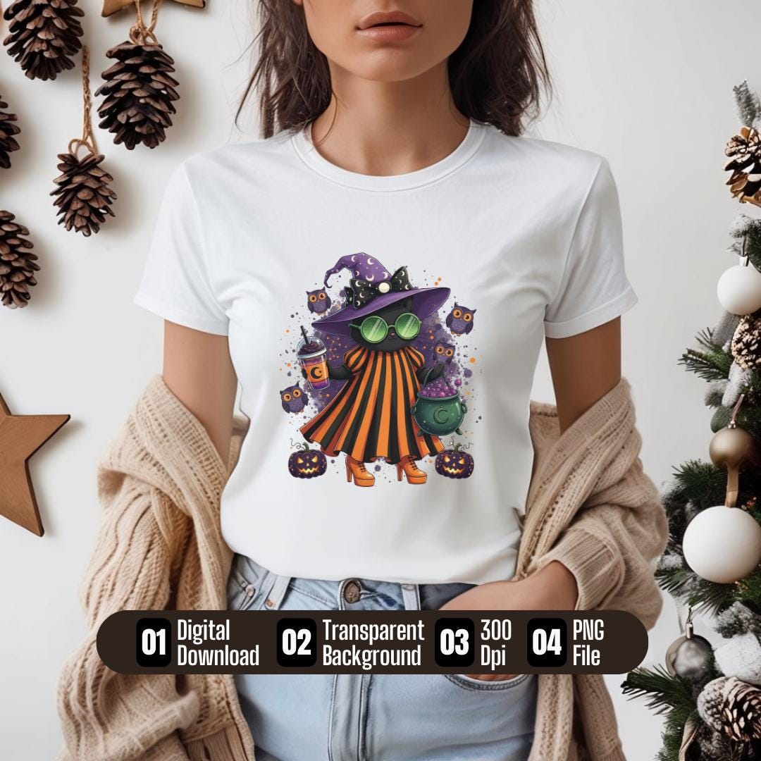 Cute Halloween Witch Sublimation PNG | Spooky Girl with Cauldron & Pumpkins | Digital Download | Halloween Shirt Design | 300 DPI