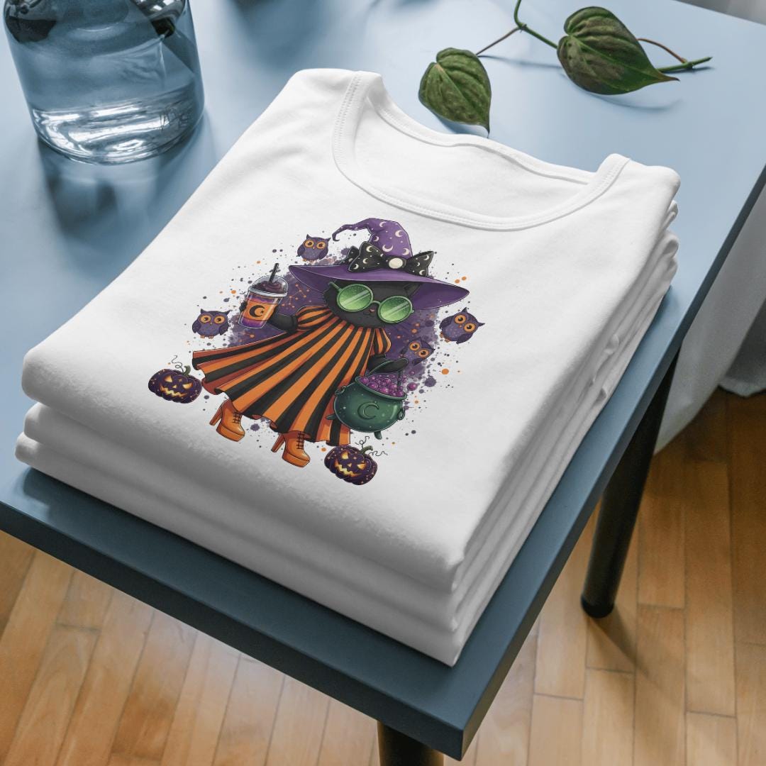 Cute Halloween Witch Sublimation PNG | Spooky Girl with Cauldron & Pumpkins | Digital Download | Halloween Shirt Design | 300 DPI