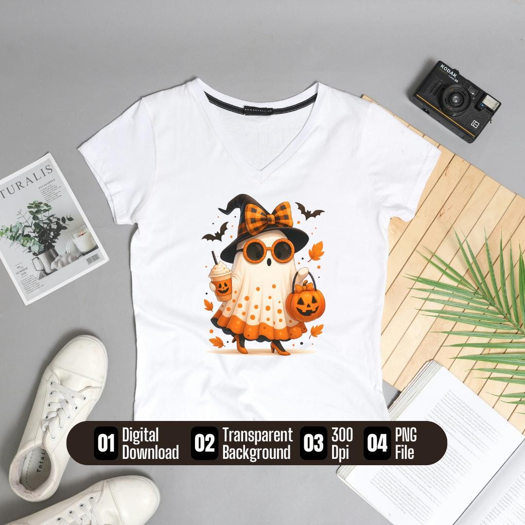 Cute Halloween Ghost PNG | Spooky Witch Ghost Clipart | Fall Pumpkin Digital Download | Halloween Shirt Sublimation Design | 300 DPI PNG