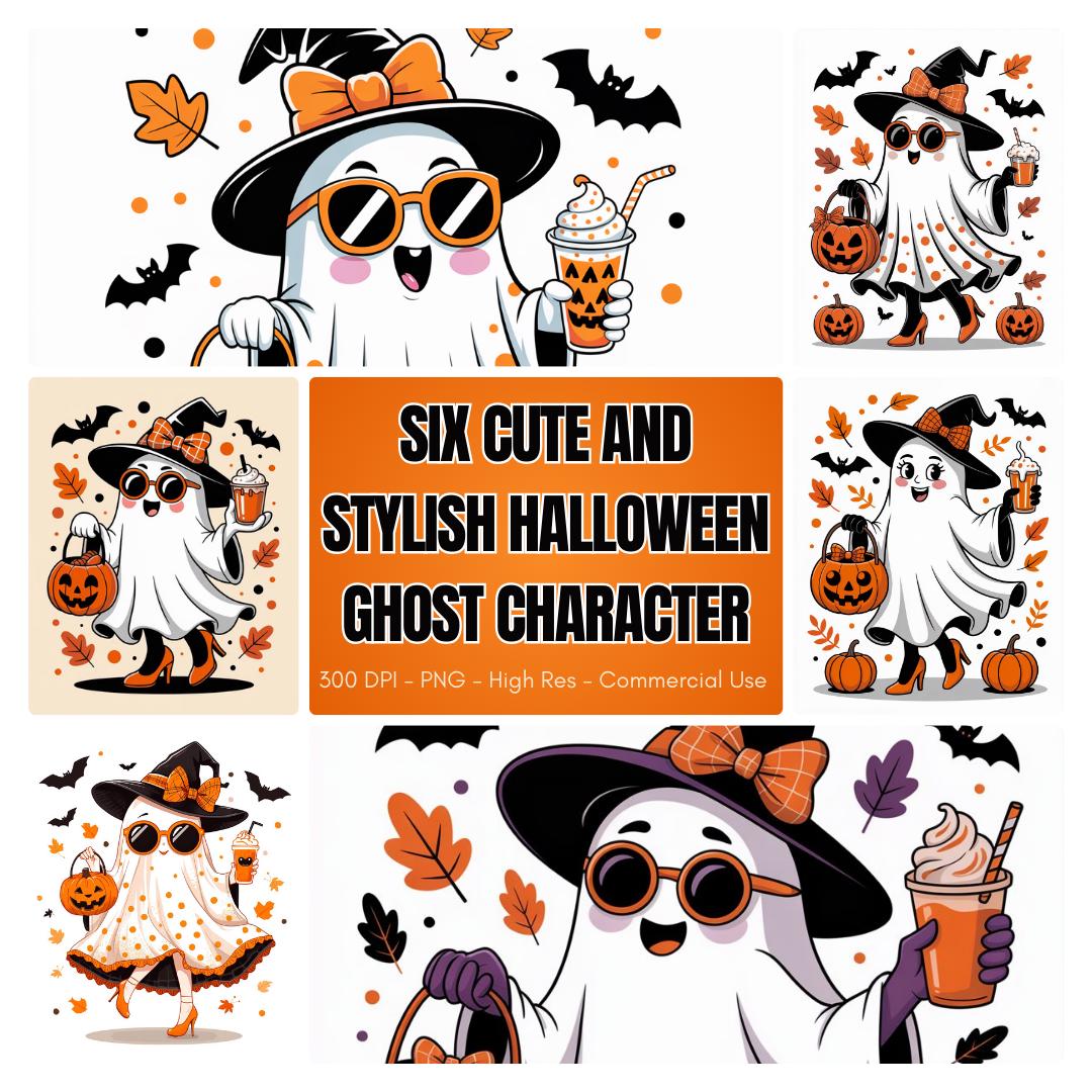 Six Cute Halloween Ghost PNG Bundle – Stylish Witch Ghosts with Pumpkins & Coffee – Spooky Cute Halloween Clipart – High-Res 300 DPI