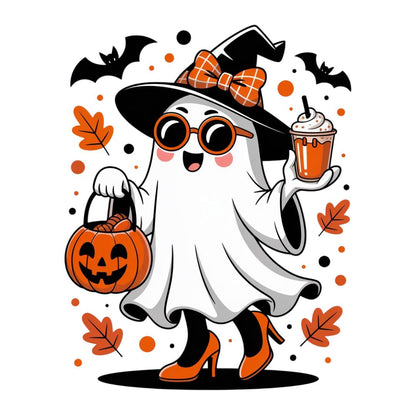 Six Cute Halloween Ghost PNG Bundle – Stylish Witch Ghosts with Pumpkins & Coffee – Spooky Cute Halloween Clipart – High-Res 300 DPI