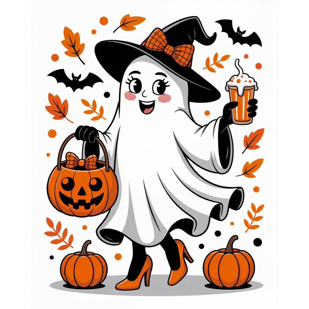 Six Cute Halloween Ghost PNG Bundle – Stylish Witch Ghosts with Pumpkins & Coffee – Spooky Cute Halloween Clipart – High-Res 300 DPI
