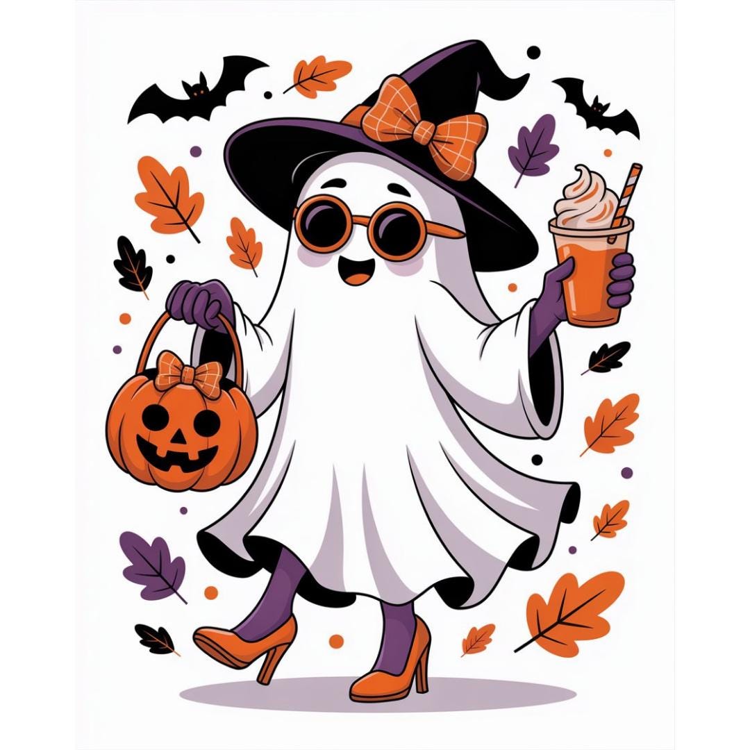 Six Cute Halloween Ghost PNG Bundle – Stylish Witch Ghosts with Pumpkins & Coffee – Spooky Cute Halloween Clipart – High-Res 300 DPI