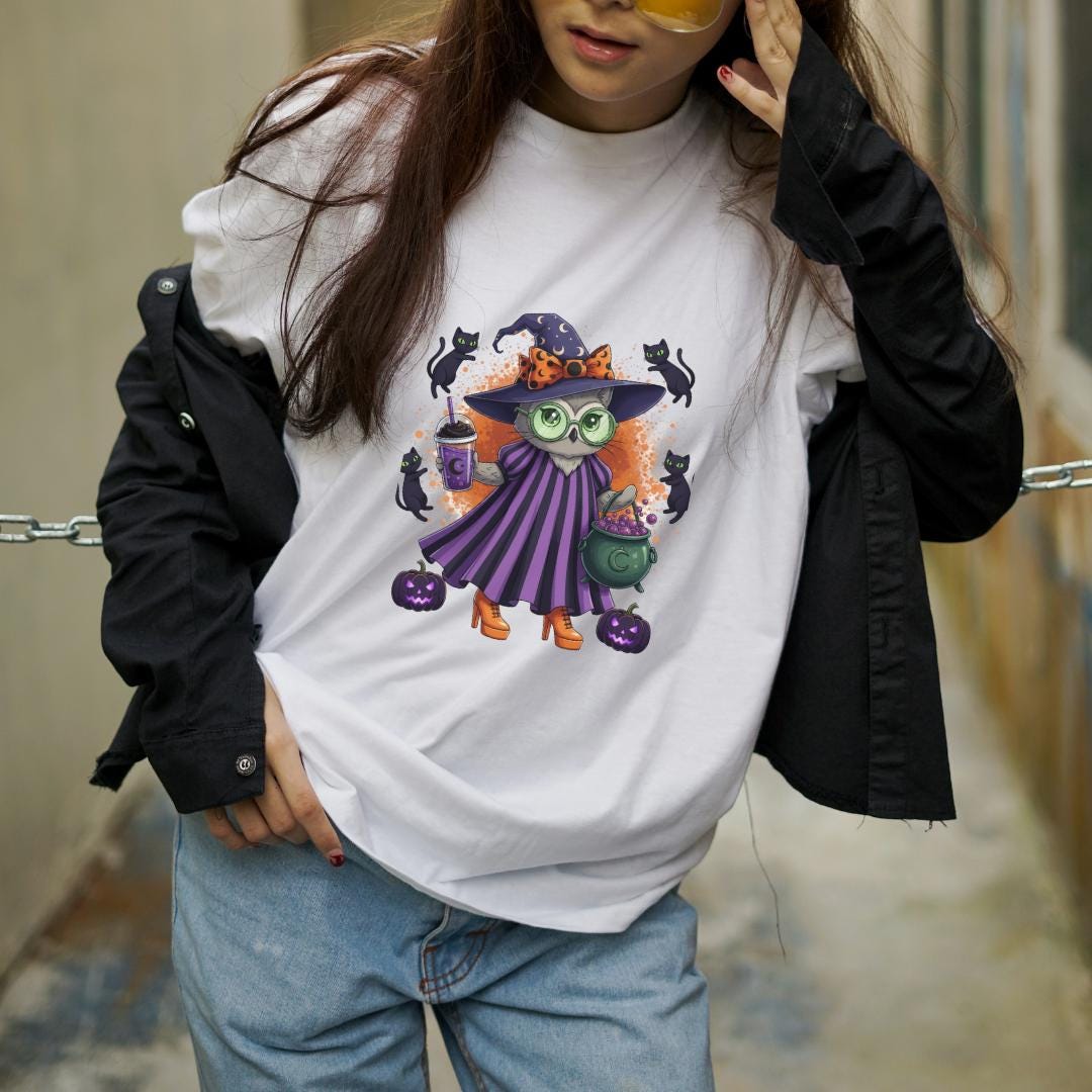 Cute Witch Cat Halloween PNG | Kawaii Witch Cat Clipart | Spooky Fall Cat with Cauldron Digital Download | Halloween Sublimation PNG