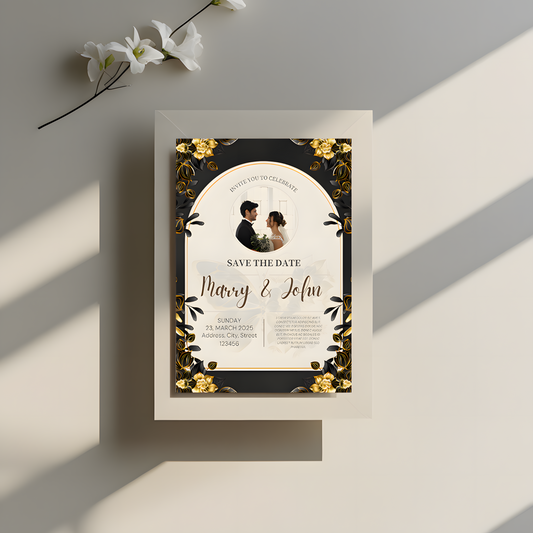 Elegant Black & Gold Floral Wedding Invitation Card Template | Editable in Canva